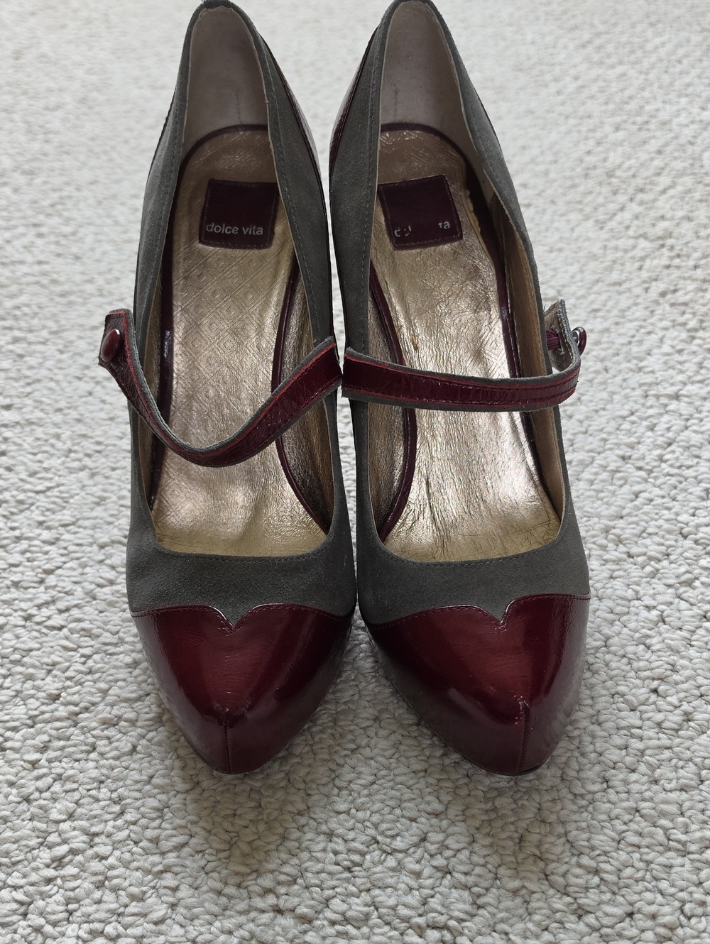 Dolce Vita Gray Suede and Burgundy Patent Mary Jane Pumps